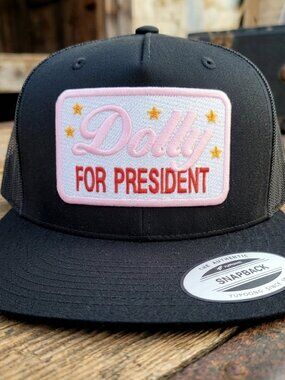 Dolly For President Embroidered Patch Black Flat Bill Yupoong Snapback Hat Retro